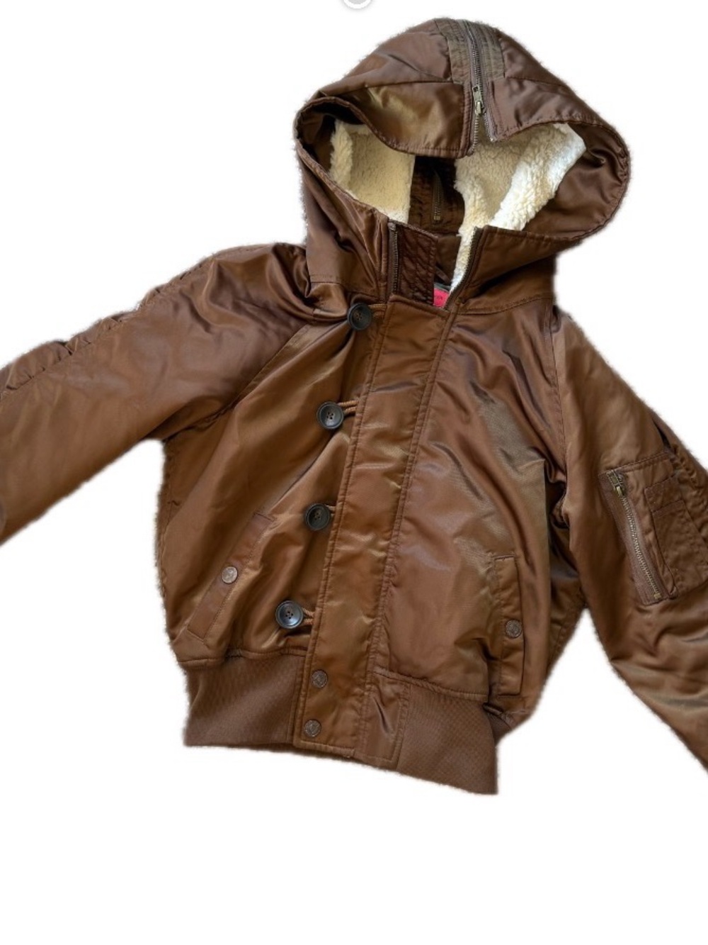 MOTHER Brown Hooded Bomber with Sherpa-Lined Hood